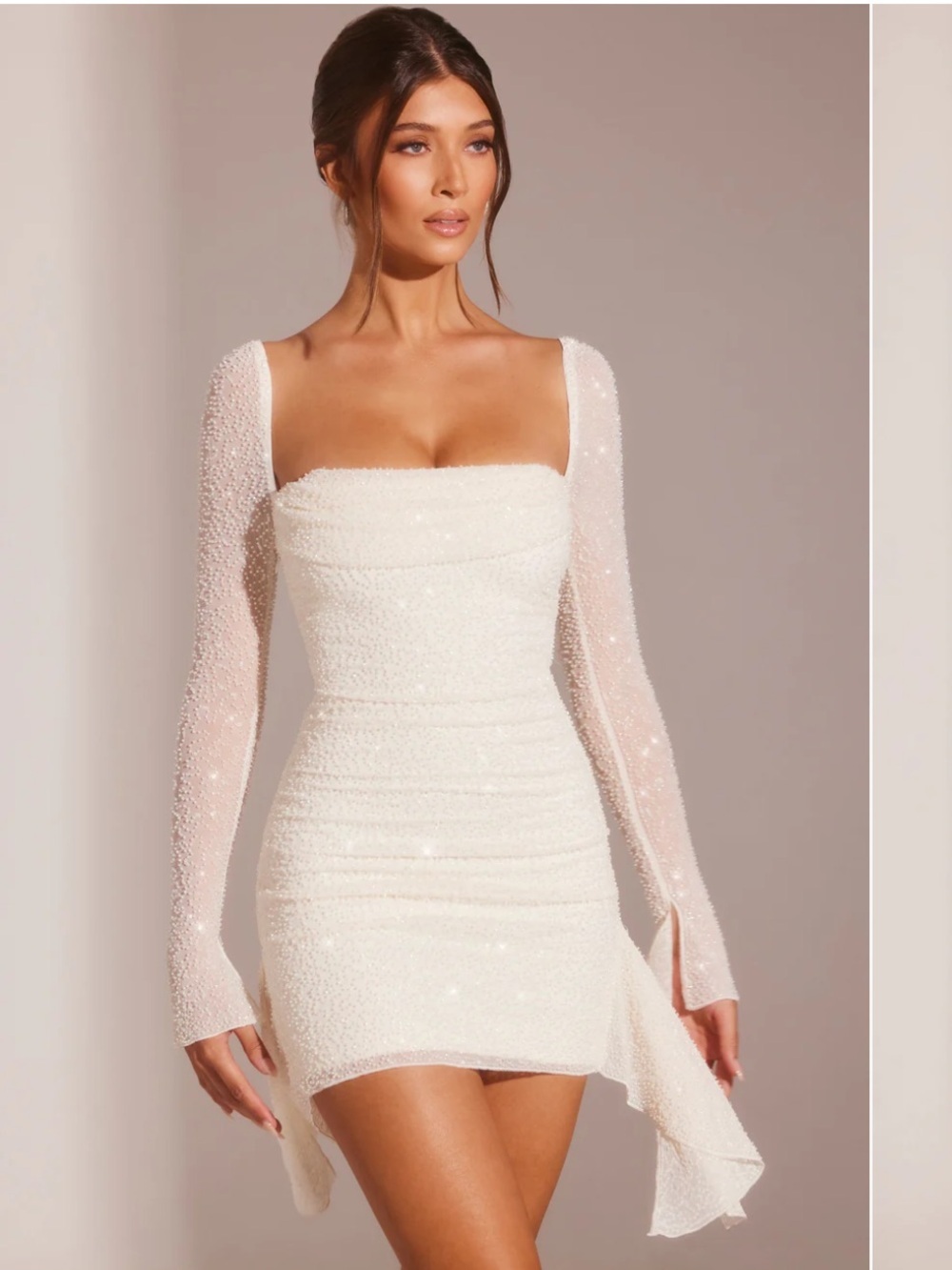 Oh Polly Ferrara White Beaded Long-Sleeve Square-Neck Mini Dress